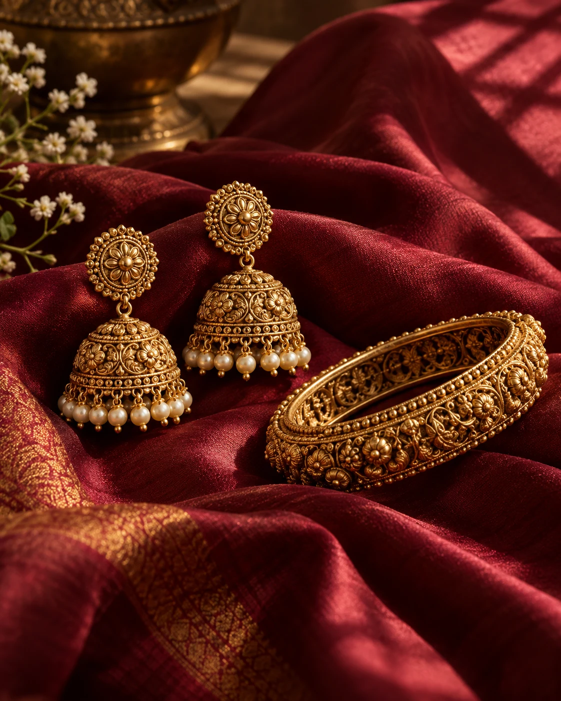 Antique-inspired gold-tone jewellery on burgundy silk